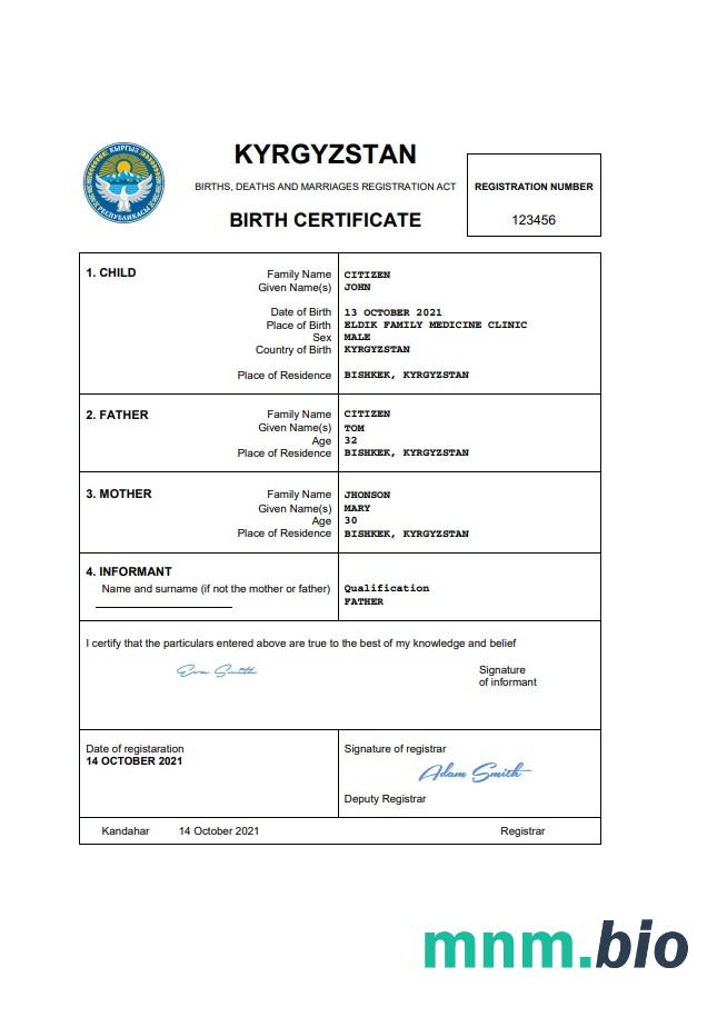 Kyrgyzstan narodziny certyfikat Word i PDF szablon